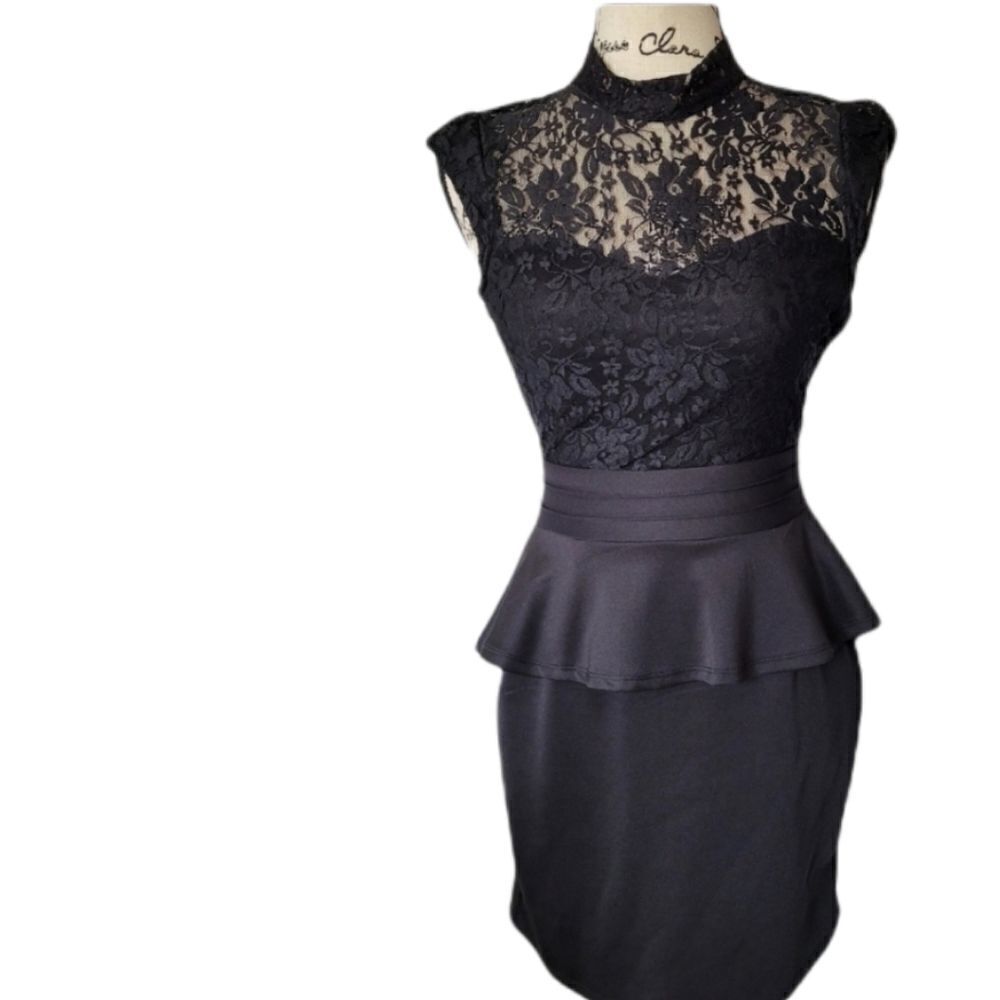 High Neck Black Lace Overlat With Open Back Peplum Dress
